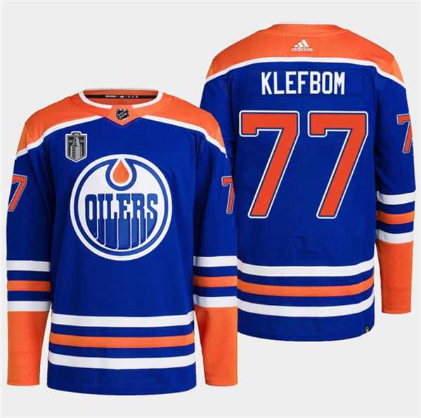 Mens Edmonton Oilers #77 Oscar Klefbom Royal 2024 Stanley Cup Final Patch Stitched Jersey Dzhi